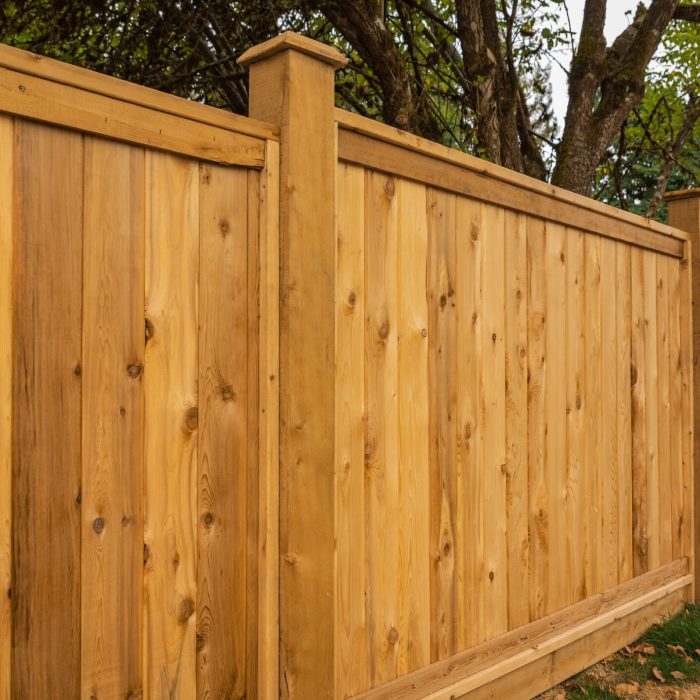 Nice new wooden fence around house. Wooden fence with green lawn. Street photo